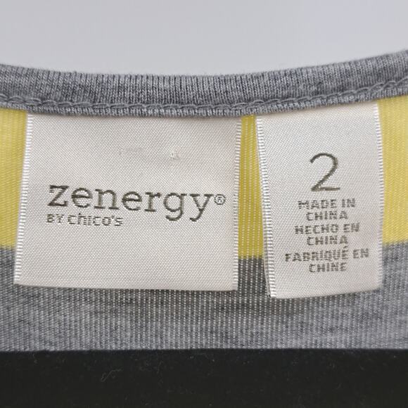 Chico's Zenergy Mini Dress 2 L Chevron Stripe 3/4 Sleeve V-Neck Knit Yellow Gray - Picture 3 of 8
